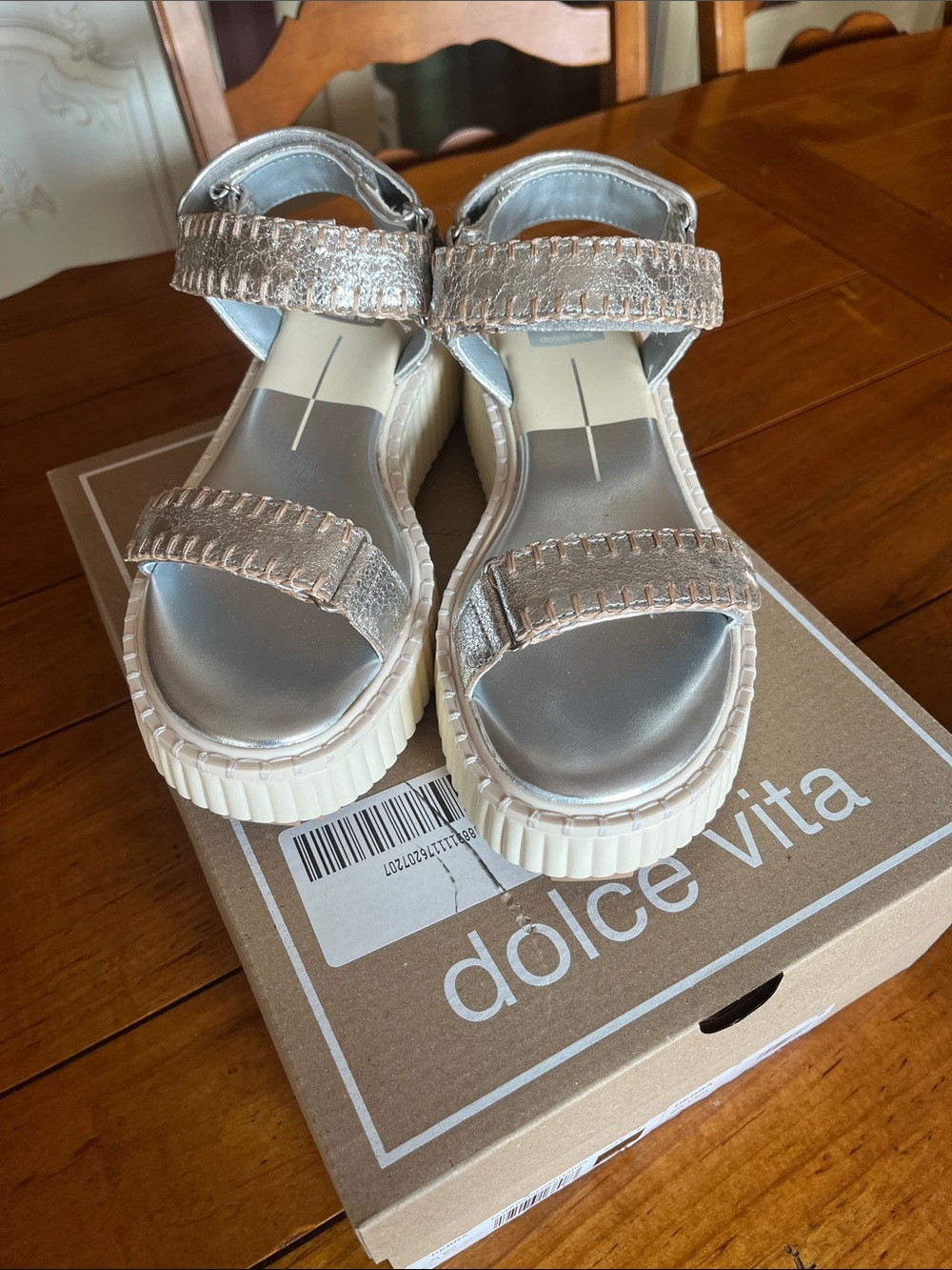 Dolce Vita Silver Metallic Platform Sandals with Cream Sole